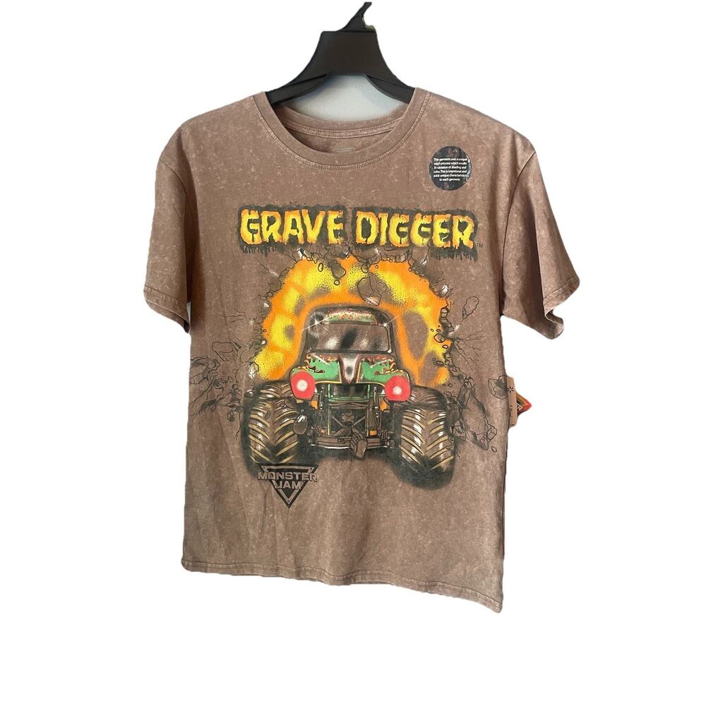 Monster Jam Grave Digger‎ Boys Short Sleeve Brown Shirt 2 Sided Size XL (14/16)